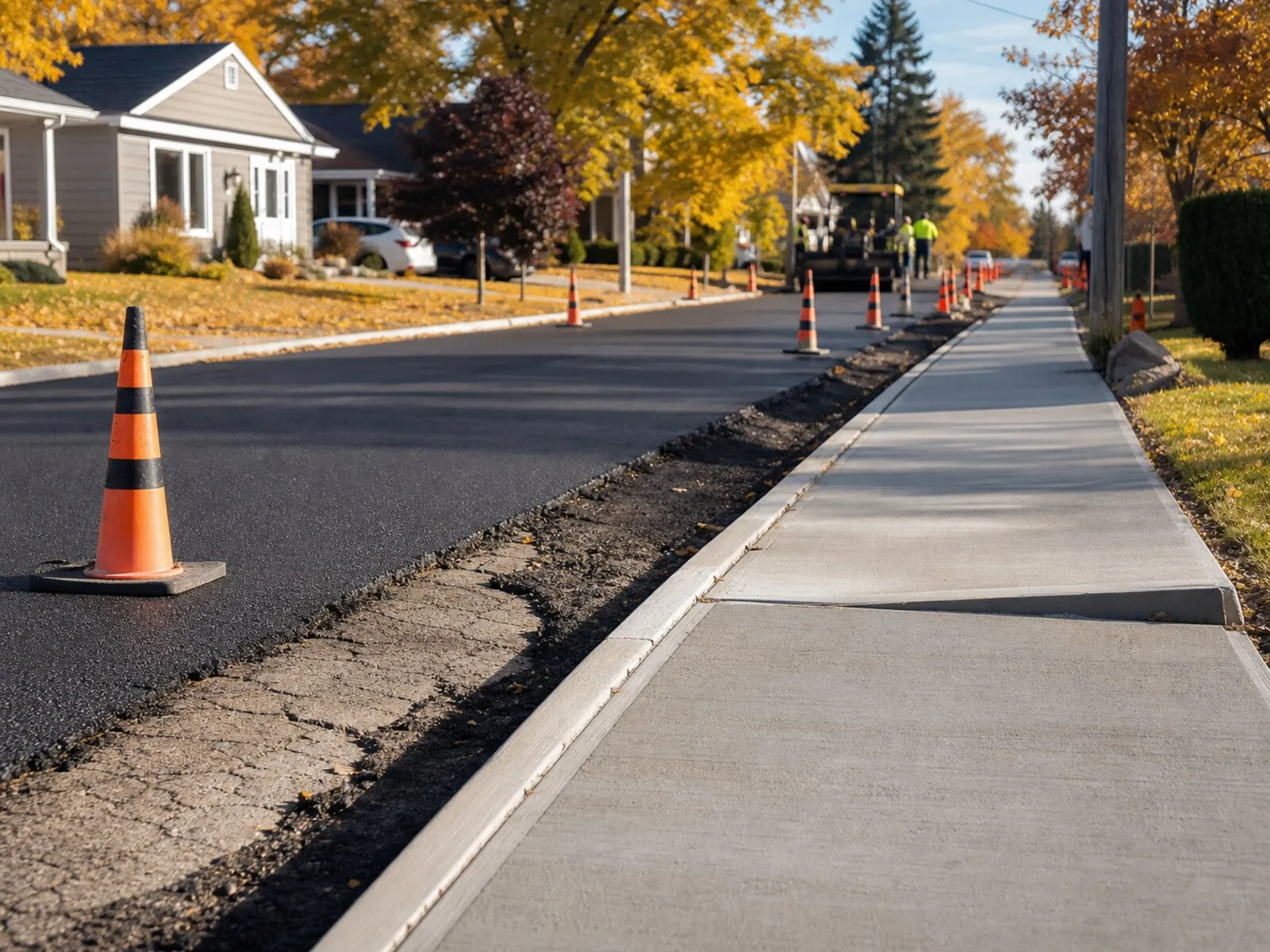 A residential street mid-repair, with fresh asphalt beside a new sidewalk